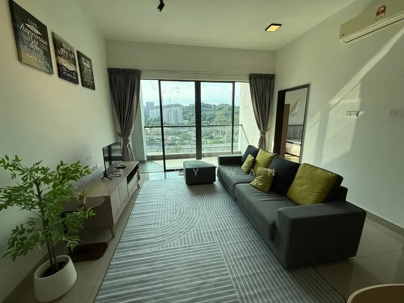 Living features: floor-to-ceiling windows, grey fabric sofa, 2 yellow accent cushions, area rug with striped pattern, TV console, wall-mounted TV, decorative plant in pot, light-colored walls, recessed downlights, curtains, wooden flooring; style: modern; view: city.