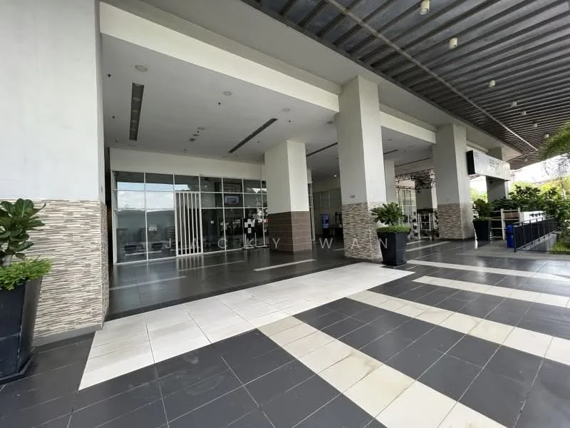 Exterior type: clubhouse; features: glass entrance doors, tiled flooring in black and white, exposed concrete columns, landscaped planters with greenery, overhang roof, recessed lighting, open layout, modern facade; style: modern.