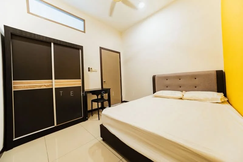Bedroom features: queen-size bed, upholstered headboard, built-in wardrobe with sliding doors, black and wood finish wardrobe, white walls, yellow accent wall, tile flooring, ceiling fan, small study desk, window with natural light; style: modern.