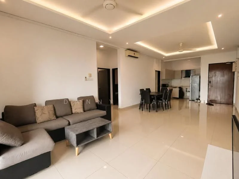 Living features: L-shape sectional sofa in grey, coffee table, wall-mounted TV, dining table with 6 chairs, recessed downlights, white painted walls, cream tiled flooring, ceiling fan, open layout to kitchen, air conditioning unit; style: modern.