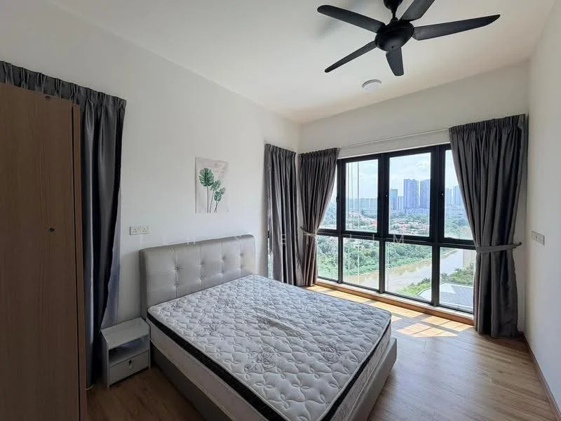Bedroom features: queen-size bed, upholstered headboard, wooden flooring, floor-to-ceiling windows, grey curtains, ceiling fan, nightstand, decorative wall art; style: modern; view: city.