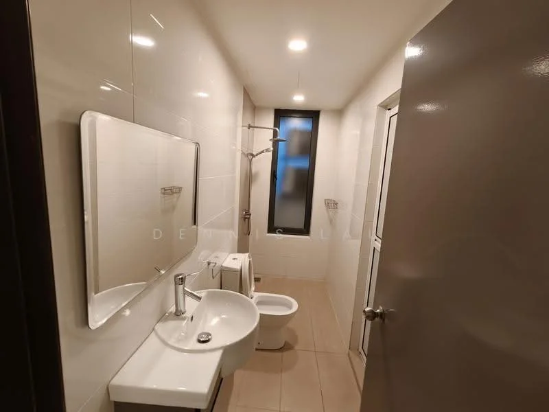 Bathroom features: white tiled walls, cream tiled flooring, single-sink vanity with chrome faucet, framed mirror, one-piece toilet, shower with wall-mounted faucet, glass shower enclosure, recessed LED downlights; style: modern.