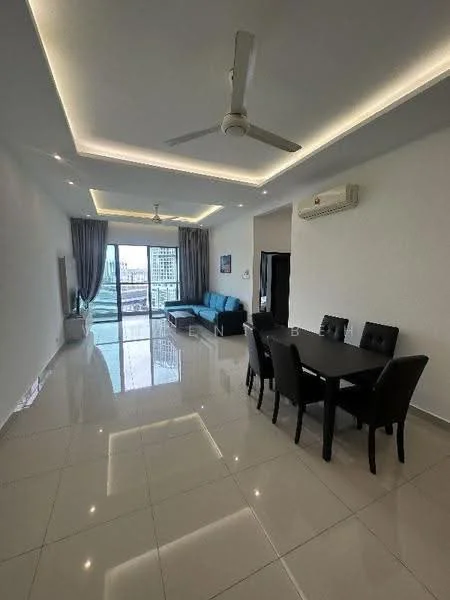 Living features: white painted walls, glossy tile flooring, 5-blade ceiling fan with light, recessed LED downlights, floor-to-ceiling windows, sliding glass door, grey fabric sofa, black dining table with four chairs, air conditioning unit on wall, curtains, decorative artwork on wall; style: modern; view: city.