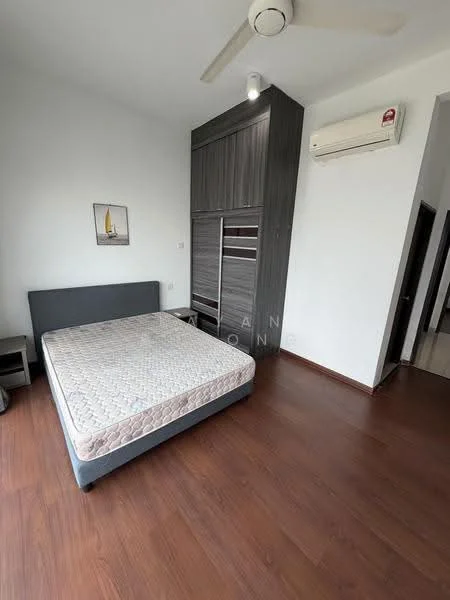 Bedroom features: wooden flooring, white painted walls, ceiling fan, built-in wardrobe with sliding doors, wall-mounted air conditioning unit, queen-size bed frame without mattress, nightstand, framed artwork on wall; style: modern.