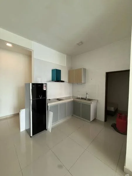 Kitchen features: black refrigerator, white countertop, grey lower cabinets, light wood upper cabinets, single-bowl stainless-steel sink, chrome pull-down faucet, ceramic tile flooring, white painted walls, recessed downlights; style: modern.