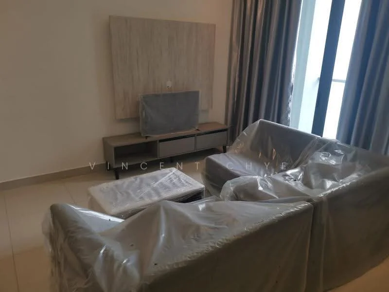 Living features: 2-seater fabric sofa covered in plastic, 3-seater fabric sofa covered in plastic, coffee table covered in plastic, TV console, wall-mounted TV, light-coloured wall, floor-to-ceiling windows, curtains, tile flooring; style: modern.