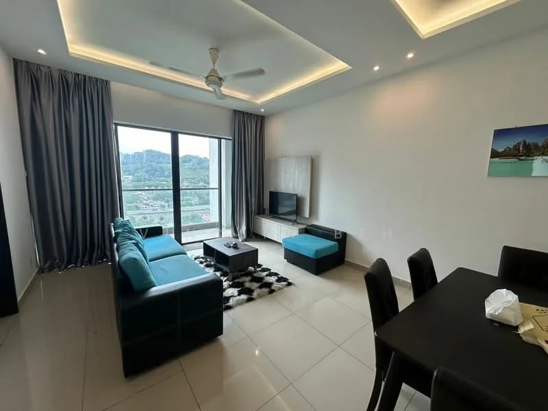 Living features: 3-seater fabric sofa in teal, 2-seater fabric sofa in black, coffee table, TV console, wall-mounted TV, area rug with geometric pattern, floor-to-ceiling windows, curtains in grey, ceiling with recessed lighting, ceiling fan, tile flooring in cream, decorative wall art; style: modern; view: mountain.