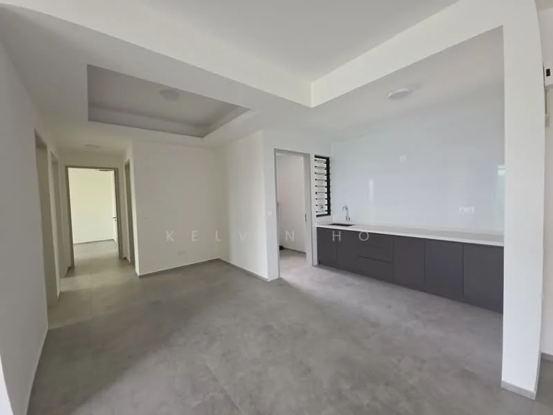 Room features: grey tiled flooring, white painted walls, recessed ceiling with lighting, kitchenette with dark cabinetry, white countertop, open layout, doorway leading to other rooms, large window for natural light; style: modern.
