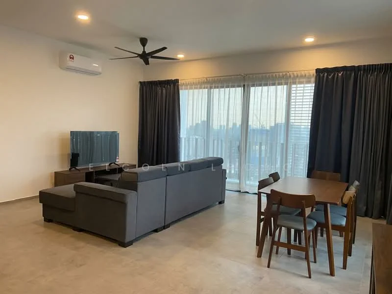 Living features: 5-blade ceiling fan with light, wall-mounted split AC, large sliding glass door, floor-to-ceiling windows, grey fabric sectional sofa, TV console, wall-mounted TV, wooden dining table for 6, upholstered dining chairs, curtains, neutral painted walls, tile flooring; style: modern; view: city.