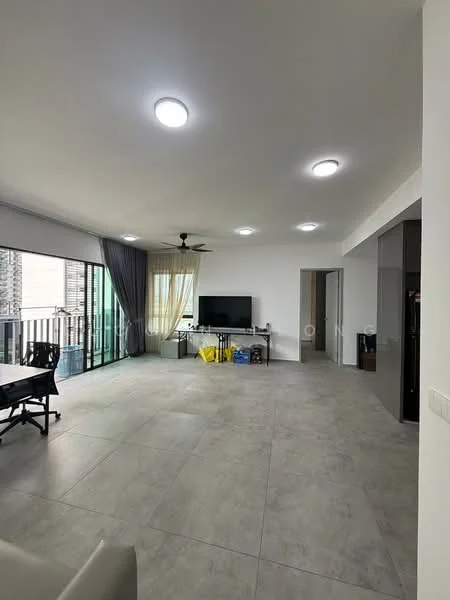 Living features: large floor-to-ceiling windows, grey tiled flooring, white painted walls, recessed ceiling lights, 5-blade ceiling fan, black TV console, wall-mounted TV, curtains in light fabric, open layout, dining area adjacent, sliding glass door to balcony, decorative wall paneling; style: modern; view: city.