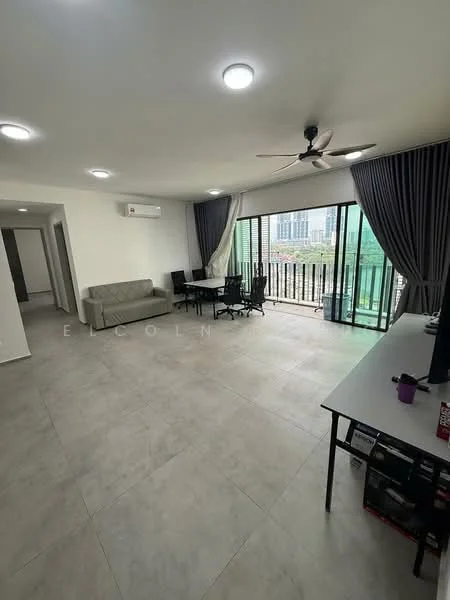Living features: light grey tiled flooring, white painted walls, 5-blade ceiling fan with light, floor-to-ceiling windows, blackout curtains, sofa in light grey fabric, dining table with chairs, wall-mounted TV, air conditioning unit, decorative wall clock; style: modern; view: city.