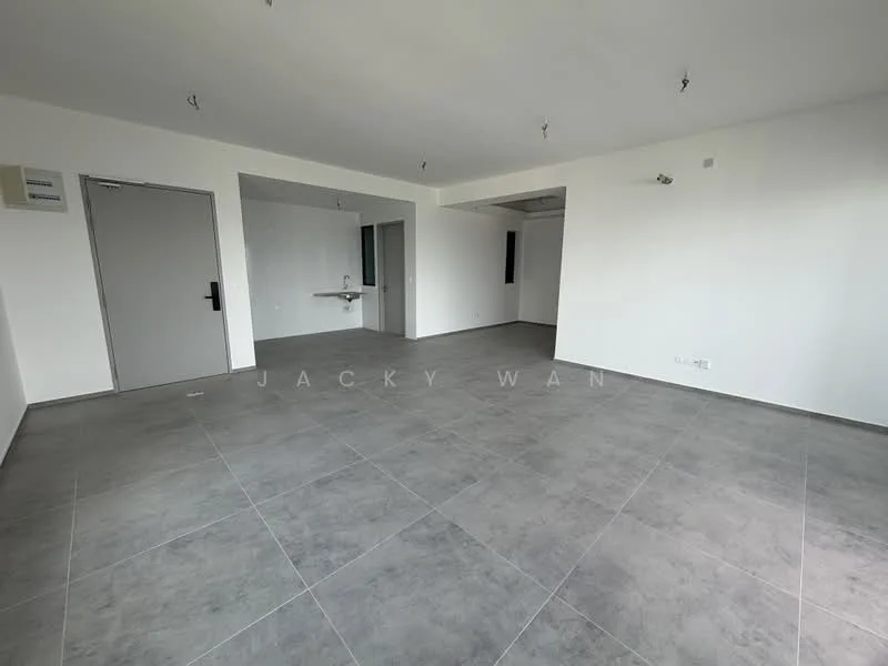 Room features: grey tile flooring, white painted walls, recessed ceiling lights, one wall-mounted AC unit, open layout, large windows, no visible furniture, neutral color scheme; style: modern.