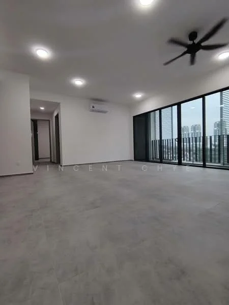 Living features: grey tile flooring, white painted walls, 5-blade ceiling fan, floor-to-ceiling windows, black window frames, air conditioning unit, recessed downlights, open layout; style: modern; view: city.