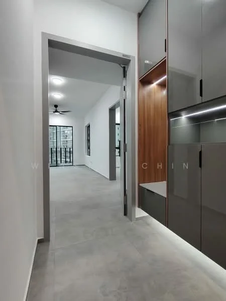 Room features: grey tiled flooring, white painted walls, recessed downlights, ceiling fan, built-in cabinetry with wood and grey finish, open doorway leading to another room, large window with city view, modern design; style: modern; view: city.