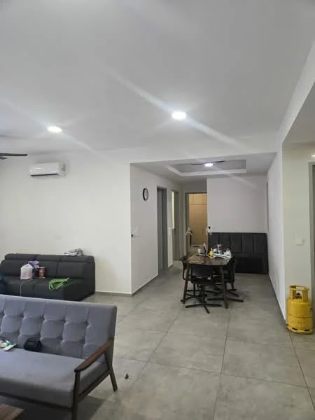 Living features: grey fabric sofa, 3-seater sofa, wooden coffee table, wall-mounted split AC, recessed LED downlights, white painted walls, tile flooring, clock on wall, open layout to dining area; style: modern. Dining features: round dining table, 4 dining chairs, black upholstered bench, white painted walls, tile flooring; style: modern.