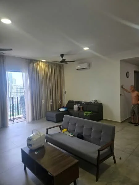 Living features: 2-seater fabric sofa in grey, 3-seater fabric sofa in light grey, wooden coffee table, floor-to-ceiling windows, sliding glass door, sheer curtains, ceiling fan, wall-mounted split AC, light grey tile flooring, recessed downlights, decorative wall, balcony view; style: modern; view: city.