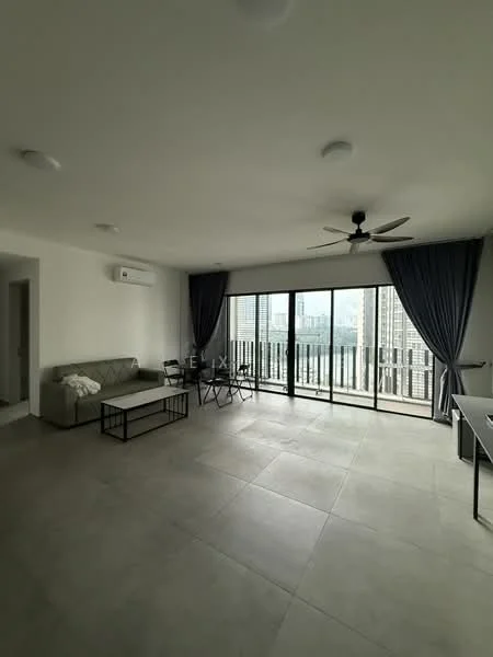 Living features: grey tiled flooring, white painted walls, 5-blade ceiling fan with light, floor-to-ceiling windows, blackout curtains, sofa in light grey, metal coffee table, 2 metal chairs, air conditioning unit on wall, balcony view; style: modern; view: city.