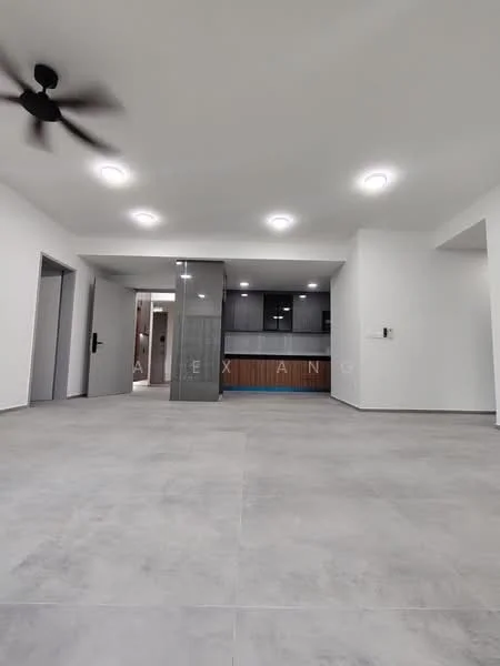 Living features: grey tile flooring, white painted walls, 5-blade ceiling fan, recessed LED downlights, open layout, kitchen area visible, wood cabinetry, grey cabinetry, blue backsplash, no visible furniture; style: modern.