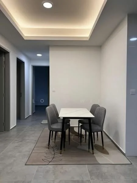 Dining features: white rectangular dining table, 4 grey upholstered dining chairs, light grey area rug with leaf pattern, grey tiled flooring, recessed ceiling lights, crown moulding on ceiling, white painted walls; style: modern. Room features: grey tiled flooring, white painted walls, doorway leading to hallway, doorway leading to another room.