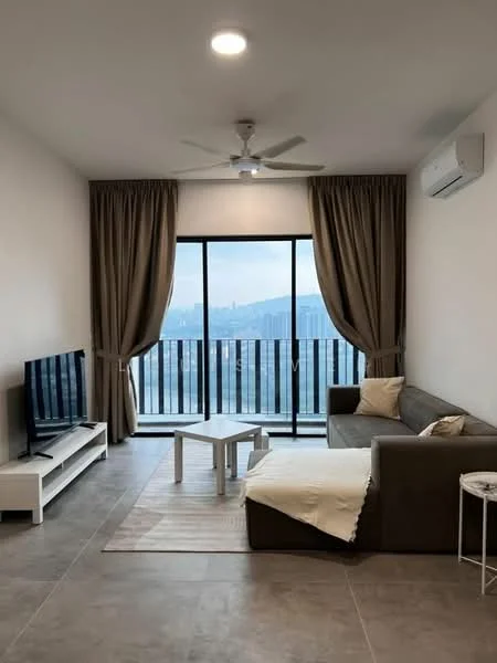 Living features: 3-seater fabric sofa in brown, white coffee table, TV console in white, wall-mounted TV, floor-to-ceiling windows, sheer curtains, recessed downlights, 5-blade ceiling fan, grey tiled flooring, air conditioning unit, area rug with geometric pattern; style: modern; view: city.