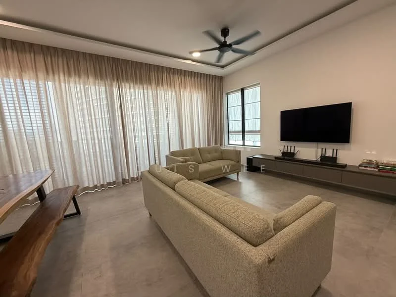 Living features: 2-seater fabric sofa in beige, 3-seater fabric sofa in beige, wooden dining table, ceiling fan, wall-mounted TV, TV console, floor-to-ceiling windows, sheer curtains, grey tile flooring, decorative wall shelf, area rug; style: modern; view: city.