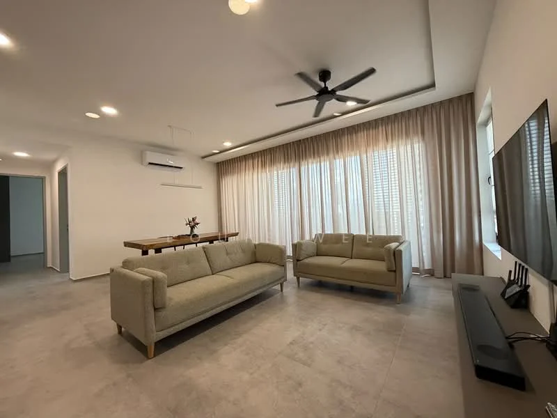 Living features: 2-seater fabric sofa in light grey, 3-seater fabric sofa in light grey, ceiling fan with light, recessed LED downlights, floor-to-ceiling windows with sheer curtains, light-coloured tiled flooring, wall-mounted TV, wooden dining table, decorative plant on table, air conditioning unit on wall; style: modern.