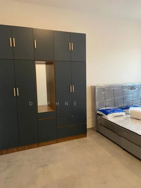 Bedroom features: grey built-in wardrobe with wooden accents, queen-size bed with mattress, light-coloured walls, tile flooring, window with natural light, decorative mirror on wardrobe, bedside table, unmade bed with bedding; style: modern.