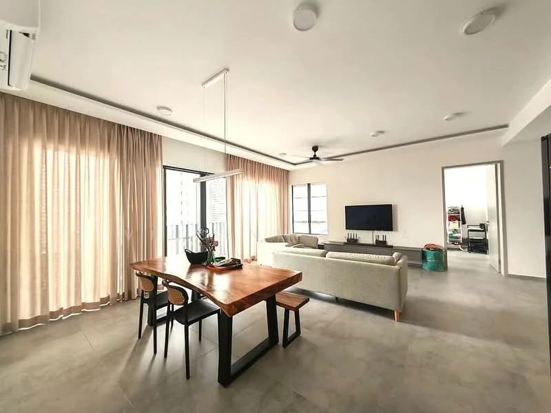 Living features: light grey tiled flooring, white painted walls, 5-blade ceiling fan with light, sofa in light grey fabric, wooden coffee table, TV console, wall-mounted TV, floor-to-ceiling windows with sheer curtains, recessed downlights, decorative plant in ceramic pot; style: modern; view: city. Dining features: wooden dining table with black metal legs, 4 black dining chairs, decorative fruit bowl on table, pendant light above dining table; style: modern.