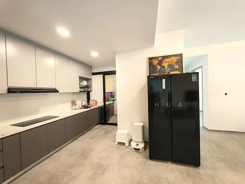 Kitchen features: grey cabinetry, white countertop, black built-in oven, black fridge, stainless-steel sink, chrome pull-down faucet, ceramic tile flooring, recessed LED downlights, open shelving, wall-mounted microwave, kitchen island, decorative wall art; style: modern.