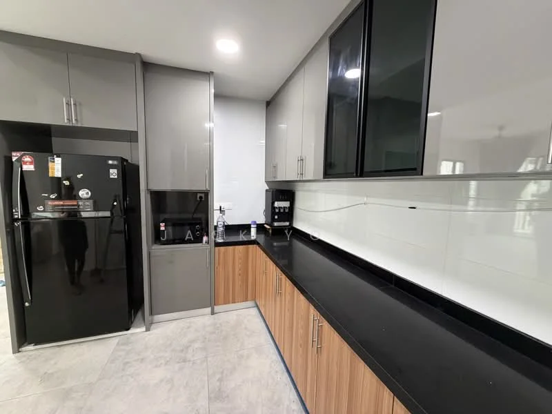 Kitchen features: black granite countertop, grey high-gloss cabinetry, wooden lower cabinets, stainless-steel fridge, built-in coffee machine, white tiled backsplash, ceramic tile flooring, recessed downlights, floor-to-ceiling windows; style: modern.
