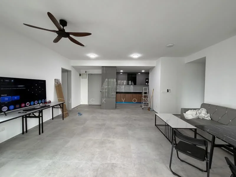 Living features: 5-blade ceiling fan, wall-mounted TV, grey fabric sofa, coffee table, dining table with chairs, light grey tile flooring, white painted walls, recessed downlights, open layout to kitchen, large windows, neutral decor; style: modern. Kitchen features: kitchen island, stainless-steel sink, built-in oven, freestanding range oven, black cabinetry, grey backsplash, open shelving, light grey tile flooring; style: modern.