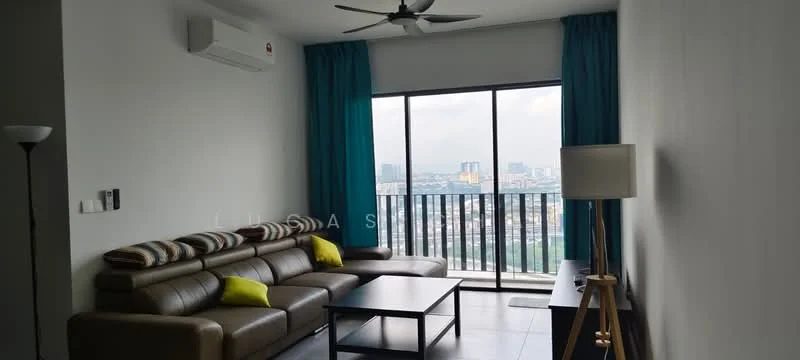 Living features: 3-seater leather sofa in brown, decorative cushions in yellow, coffee table in dark wood, floor-to-ceiling windows, city view, light grey walls, light grey tile flooring, 5-blade ceiling fan with light, curtains in teal, wall-mounted air conditioning unit; style: modern; view: city.