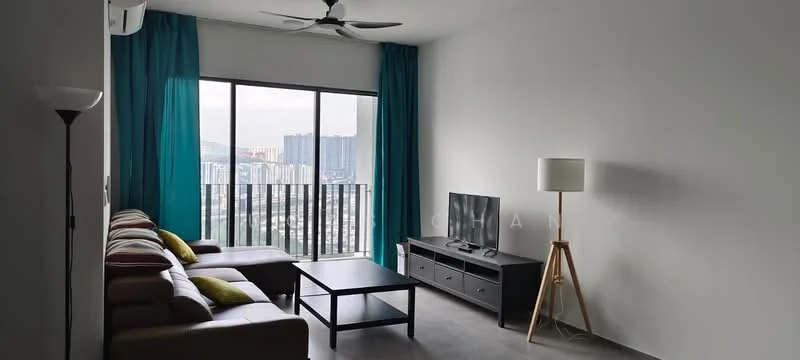 Living features: 3-seater brown leather sofa, 2-seater brown leather sofa, coffee table, TV console, wall-mounted TV, floor-to-ceiling windows, curtains in teal, concrete flooring, 5-blade ceiling fan with light, decorative floor lamp; style: modern; view: city.