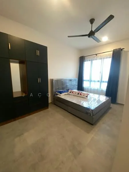 Bedroom features: queen-size bed, upholstered headboard, bedside lamps, built-in wardrobe with mirror, floor-to-ceiling windows, curtains, ceiling fan, light-colored walls, tile flooring; style: modern.