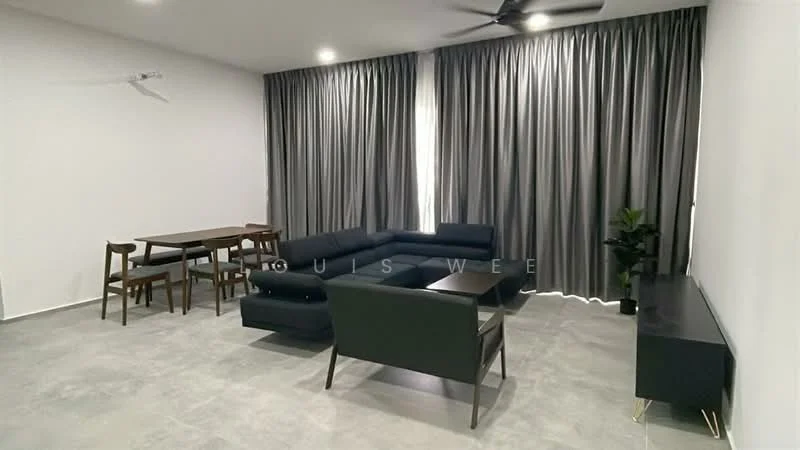 Living features: grey fabric sectional sofa, black coffee table, wooden dining table, 4 wooden dining chairs, floor-to-ceiling windows, grey curtains, light grey tile flooring, ceiling fan with light; style: modern.