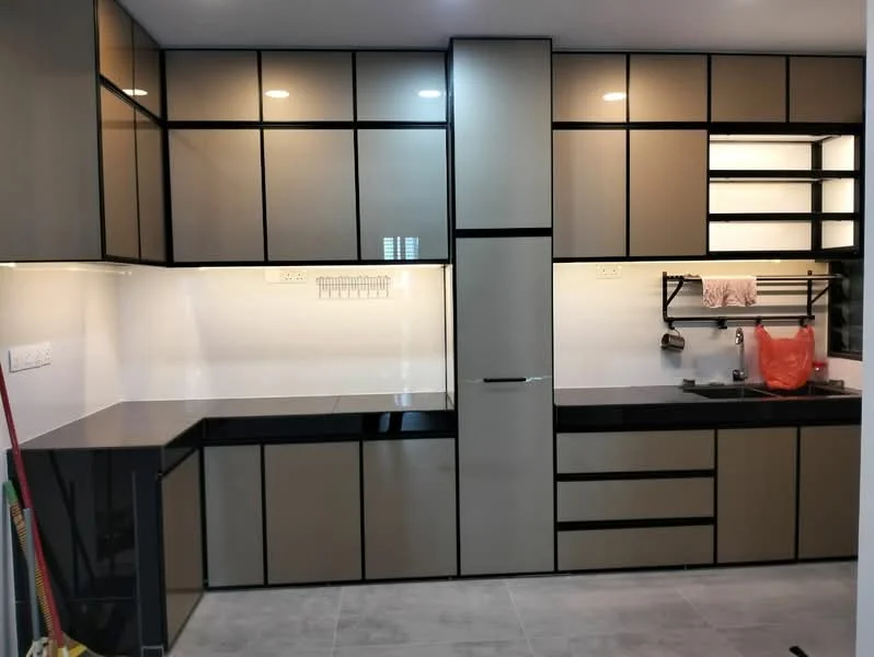Kitchen features: black and brown glossy cabinetry, white backsplash, black countertop, built-in refrigerator, stainless-steel sink, chrome pull-down faucet, open shelving, under-cabinet lighting, tile flooring, recessed downlights; style: modern.