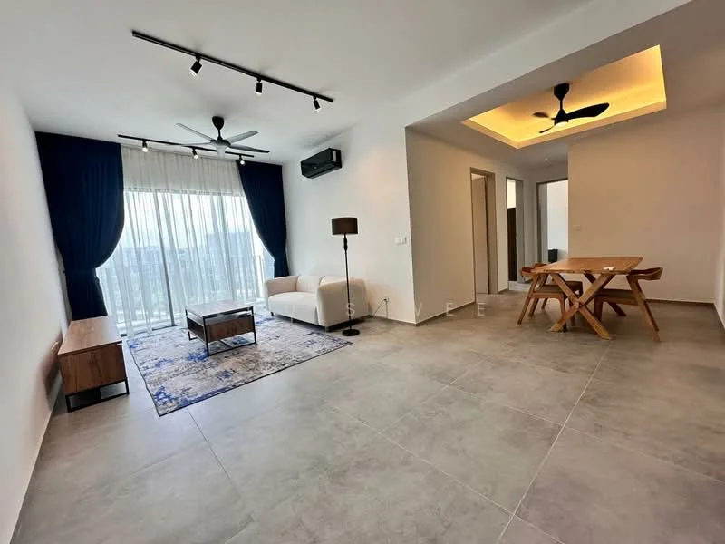 Living features: grey tiled flooring, white painted walls, recessed downlights, 5-blade ceiling fan with light, floor-to-ceiling windows, sheer curtains, blackout curtains, wooden coffee table, fabric sofa, decorative area rug with geometric pattern, TV console, wall-mounted TV; style: modern; view: city. Dining features: wooden dining table, foldable dining chairs; style: modern.