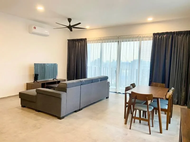 Living features: 5-blade ceiling fan with light, wall-mounted split AC, floor-to-ceiling windows, sheer curtains, blackout curtains, grey fabric sectional sofa, coffee table, wall-mounted TV, TV console, area rug, dining table with chairs, light-colored flooring, neutral painted walls; style: modern; view: city.