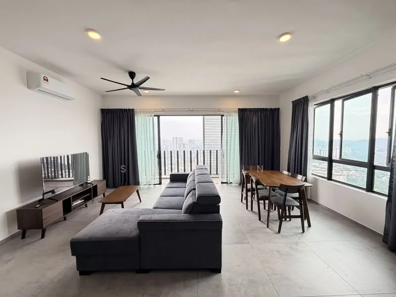 Living features: L-shape sectional sofa in grey, coffee table, TV console, wall-mounted TV, dining table for 6, upholstered dining chairs, floor-to-ceiling windows, curtains in light green, 5-blade ceiling fan with light, light grey tile flooring, air conditioning unit on wall, decorative wall with wooden accents; style: modern; view: city.