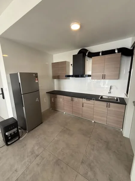 Kitchen features: grey laminate cabinetry, black countertop, stainless-steel single-bowl sink, chrome pull-down faucet, built-in oven, freestanding fridge, ceramic tile flooring, white tiled backsplash, exhaust hood, recessed downlights; style: modern.