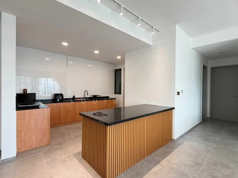Kitchen features: black granite countertop, wooden cabinetry, stainless-steel sink, chrome pull-down faucet, built-in microwave, freestanding range oven, kitchen island with wooden paneling, white tiled backsplash, recessed LED downlights, ceramic tile flooring; style: modern.