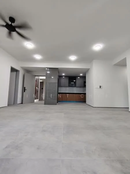 Living features: grey tiled flooring, white painted walls, ceiling fan, recessed LED downlights, open layout, kitchen area visible, grey cabinetry, wooden cabinetry, blue accent area, no visible furniture; style: modern.
