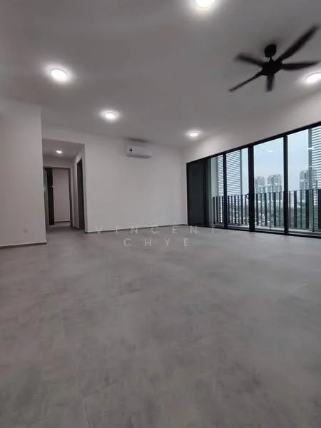 Living features: grey tile flooring, white painted walls, recessed downlights, 5-blade ceiling fan, floor-to-ceiling windows, sliding glass door, balcony access, wall-mounted split AC; style: modern; view: city.