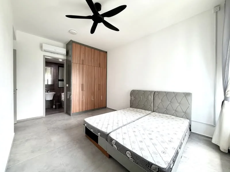 Bedroom features: queen-size bed, upholstered headboard, built-in wardrobe with wood finish, grey tiled flooring, 5-blade ceiling fan, wall-mounted split AC, large window with sheer curtains, decorative wall, neutral painted walls; style: modern.