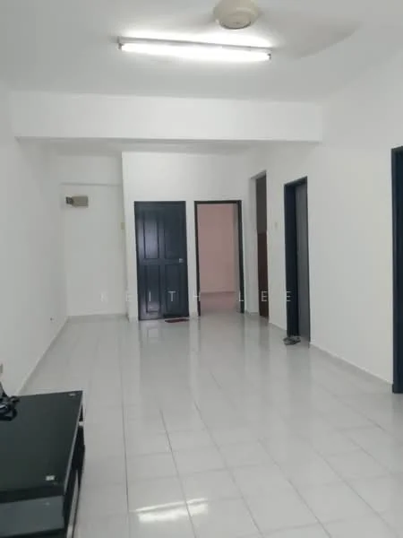 Room features: white painted walls, glossy white tile flooring, ceiling lights, 1 ceiling fan, doorways leading to other rooms, baseboards, neutral color scheme; style: modern.