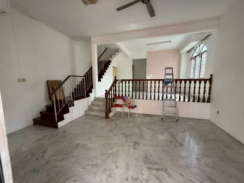 Living features: marble flooring, white painted walls, ceiling fan, staircase with wooden railing, large window, open layout, natural light, neutral color scheme; style: modern. Room features: staircase, light fixture, ladder, unfinished wall area.