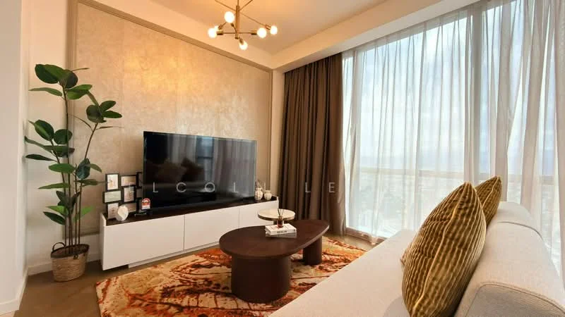 Living features: 3-seater fabric sofa in light grey, round wooden coffee table, large flat-screen TV on white media console, decorative area rug with geometric pattern, potted plant in corner, floor-to-ceiling windows with sheer curtains, gold pendant light fixture, textured accent wall in beige, decorative items on media console; style: modern; view: city.