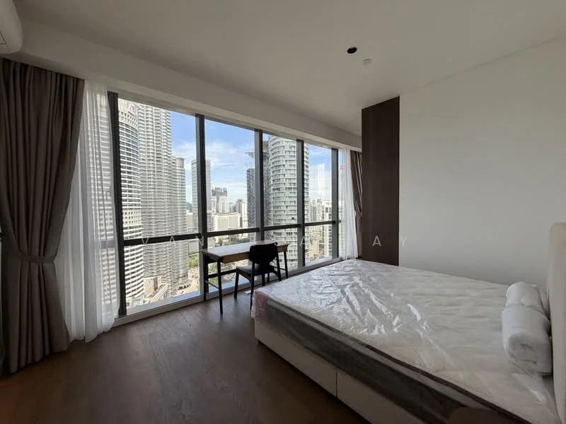 Bedroom features: floor-to-ceiling windows, city view, wood flooring, queen-size bed, upholstered headboard, bedside table, desk with chair, curtains, light-colored walls, recessed downlights; style: modern; view: city.