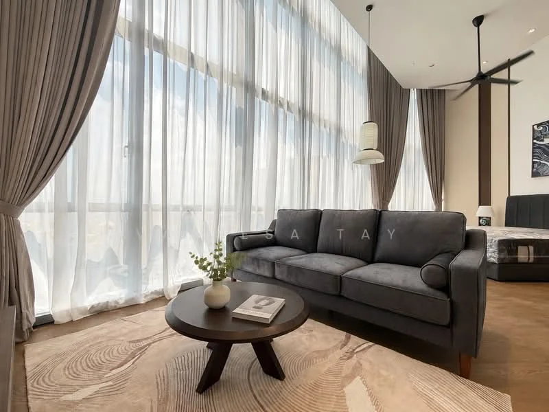 Living features: 3-seater fabric sofa in grey, round wooden coffee table, large floor-to-ceiling windows, sheer curtains, wooden flooring, ceiling fan, decorative wall art, area rug with geometric pattern; style: modern; view: city.