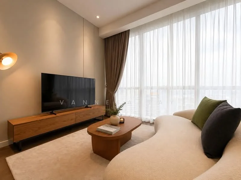Living features: curved beige sofa, wooden coffee table, TV console in wood, wall-mounted flat-screen TV, sheer curtains, recessed ceiling lights, decorative plant on table, area rug, wooden flooring; style: modern; view: city.